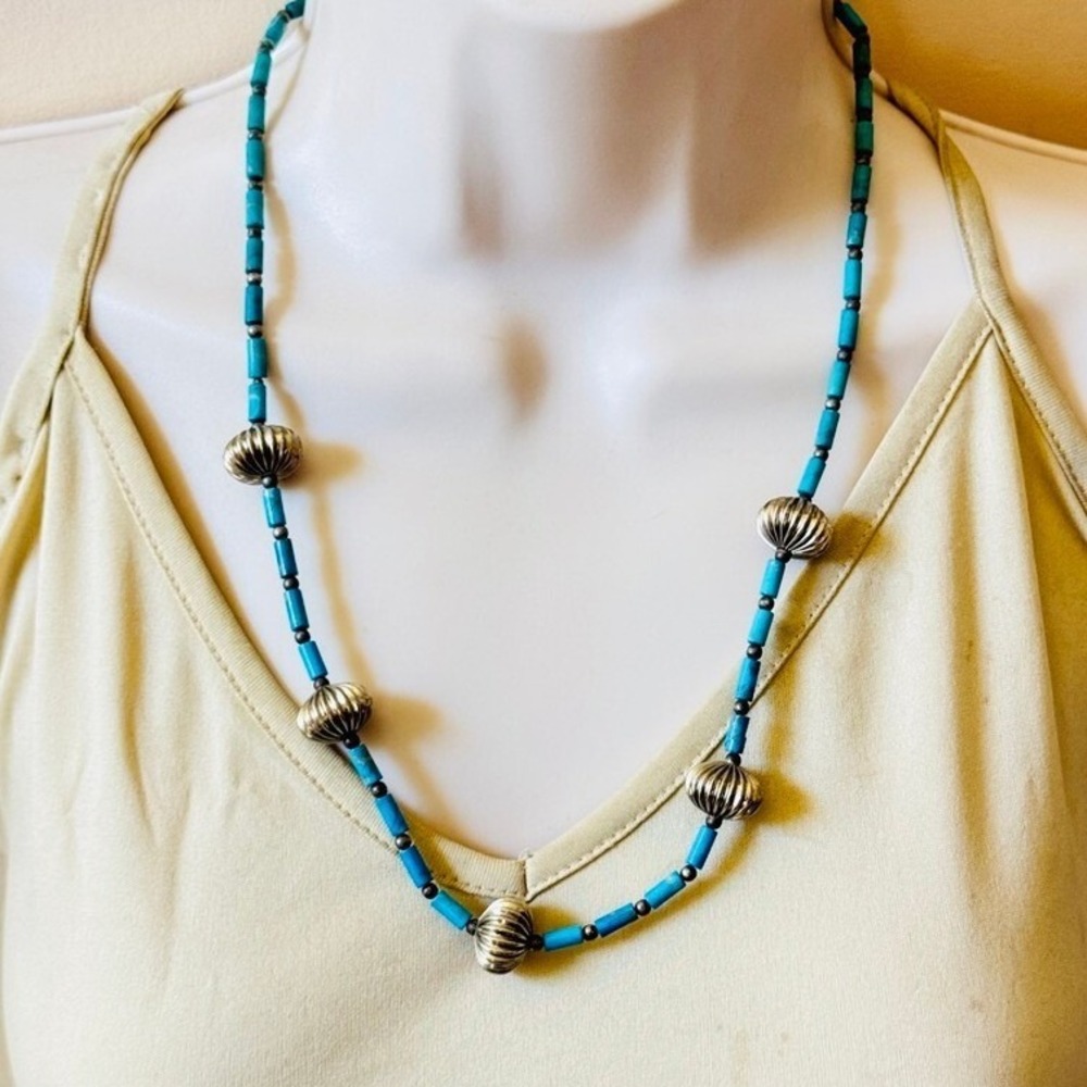 VTG Necklace Native American Blue Turquoise Barrel Beads Strand silver brass 20"